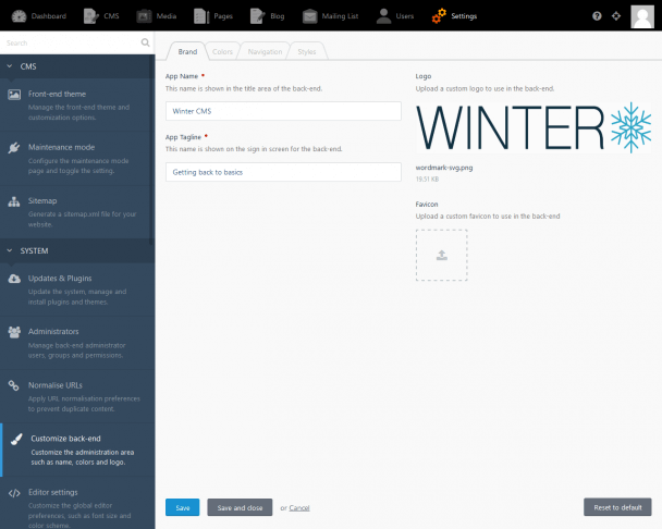 Personalizzazione Backend Wintercms